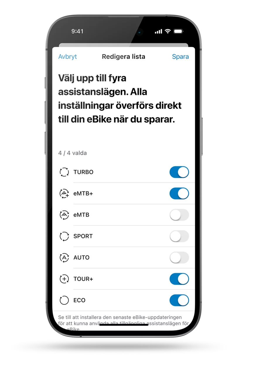 skärm av eBike Flow-appen: lista över tillgängliga körlägen (Turbo, eMTB+, eMTB, Sport, Auto, Tour+ och Eco) för individuell anpassning av elcykel (/eBike). Du kan välja upp till fyra körlägen. Valda är ”Turbo, eMTB+, Tour+ och Eco”.