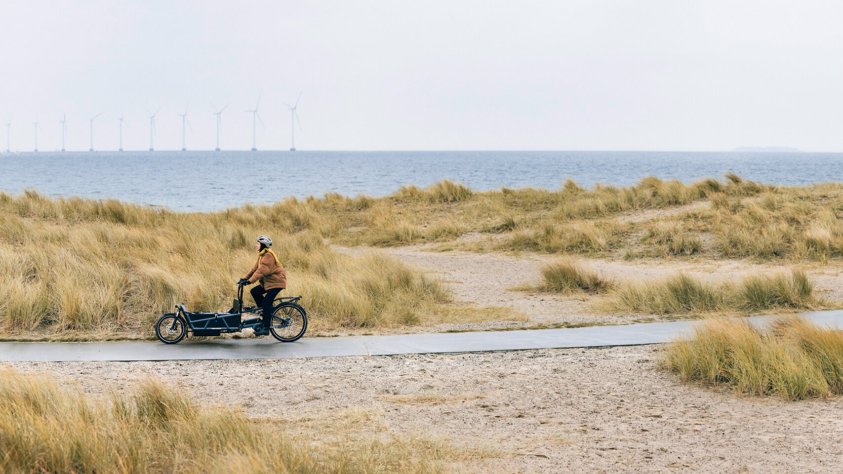 A woman is riding an eCargo bike along the coast in Copenhagen.