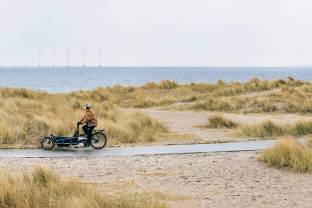 A woman is riding an eCargo bike along the coast in Copenhagen.