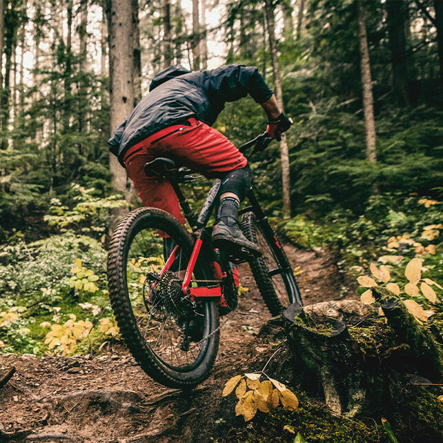 Un conducteur de VTT à assistance électrique remonte un étroit sentier forestier.
