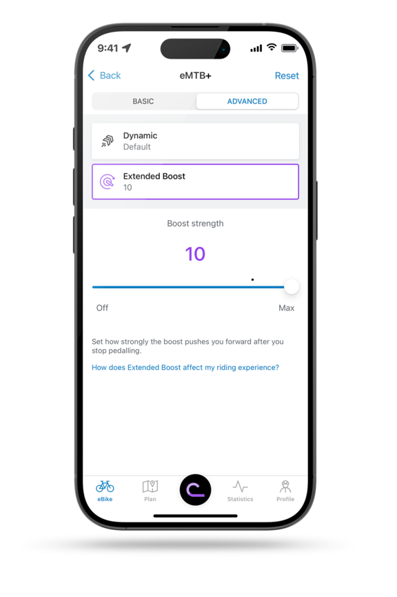 View of the Bosch eBike Flow app showing the "Extended Boost" setting in the eMTB+ mode. The slider for the amount of thrust after pedaling is set to 10.