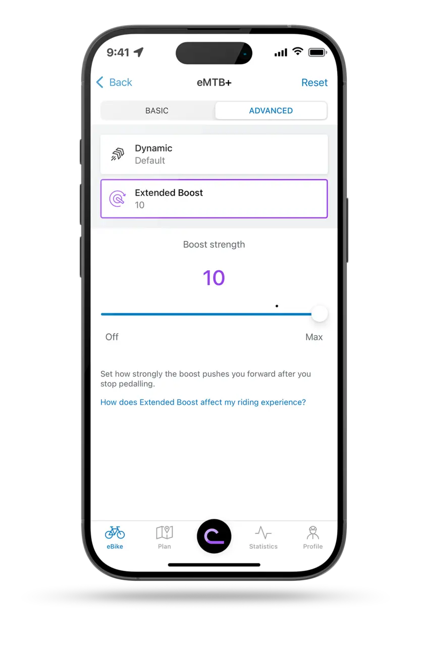 View of the Bosch eBike Flow app showing the "Extended Boost" setting in the eMTB+ mode. The slider for the amount of thrust after pedaling is set to 10.