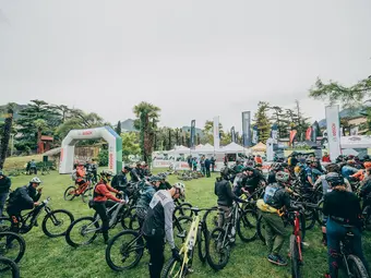 A group of eMountain bikers is gathered on a grassy meadow. Bosch flags and palm trees are visible in the background.