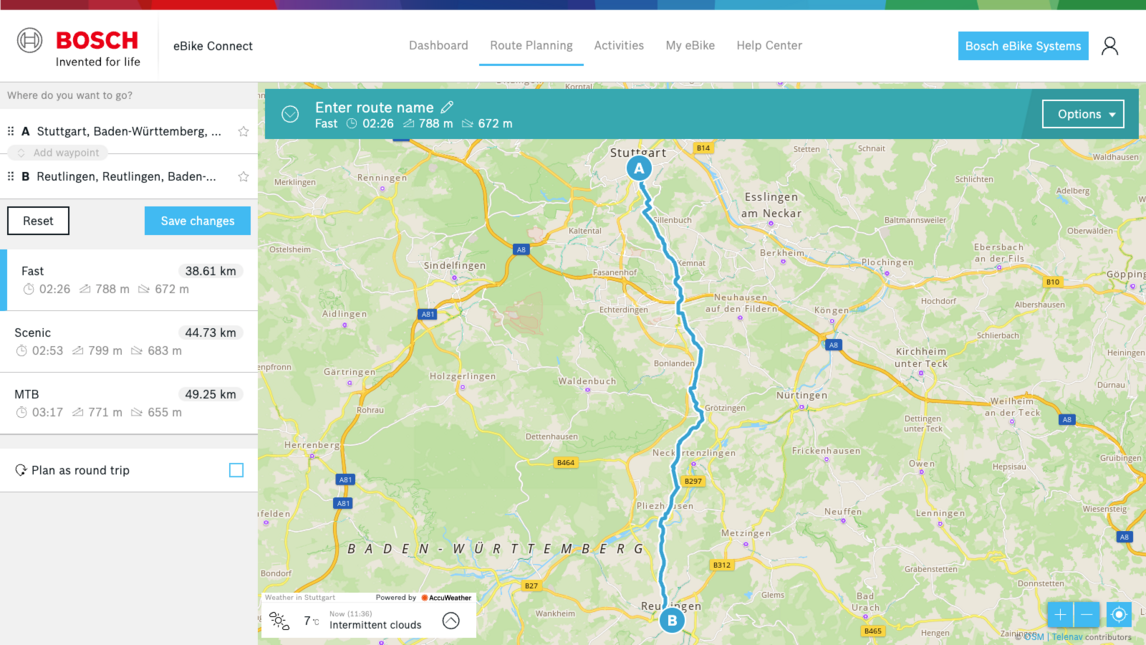 Capture d'écran de la section Planification d'itinéraire de Bosch eBike Connect. Une carte avec un itinéraire tracé est visible.