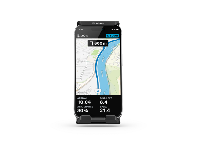 A clipped smartphone serves as an on-board computer when secured in the SmartphoneGrip Vertical. It displays the navigation screen.