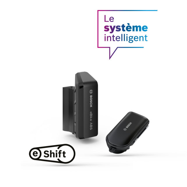 Représentation recadrée de la Bosch eBike ABS, du ConnectModule et du logo eShift sur un fond gris clair avec une bulle de parole « Le système intelligent ».