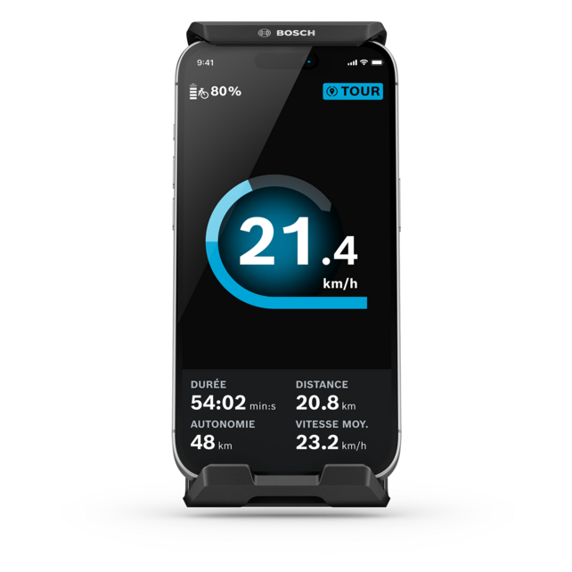 Un smartphone à clipser qui fait office d’ordinateur de bord et se fixe dans le SmartphoneGrip Vertical. L’écran de conduite s’affiche.