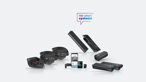 Sommige Bosch eBike-producten zijn vrij te bezichtigen. Boven hen bevindt zich een pictogram met de tekst "Het slimme systeem".