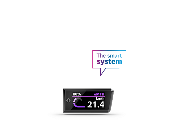 Ein Purion 400 eMTB Display mit dem "Das smarte System"-Logo darüber und einem Icon rechts daneben, das auf die eBike Flow App Zugänglichkeit hinweist.