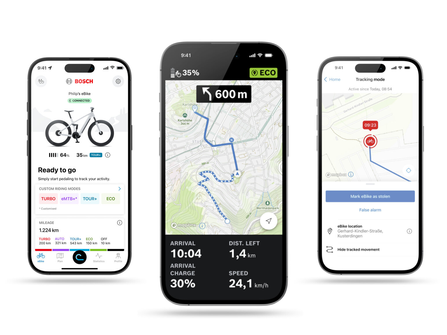 A collage of three smartphone screens displaying different features of the Bosch eBike Flow app: the center shows the home screen with battery level and riding modes, the left shows the navigation view with route guidance, and the right features the eBike Tracking mode for locating an eBike.