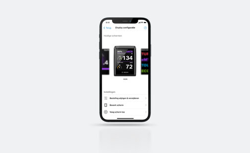 Screenshot van het smartphonescherm met de weergaveconfiguratie in de eBike Flow-app, inclusief mogelijke instellingen.