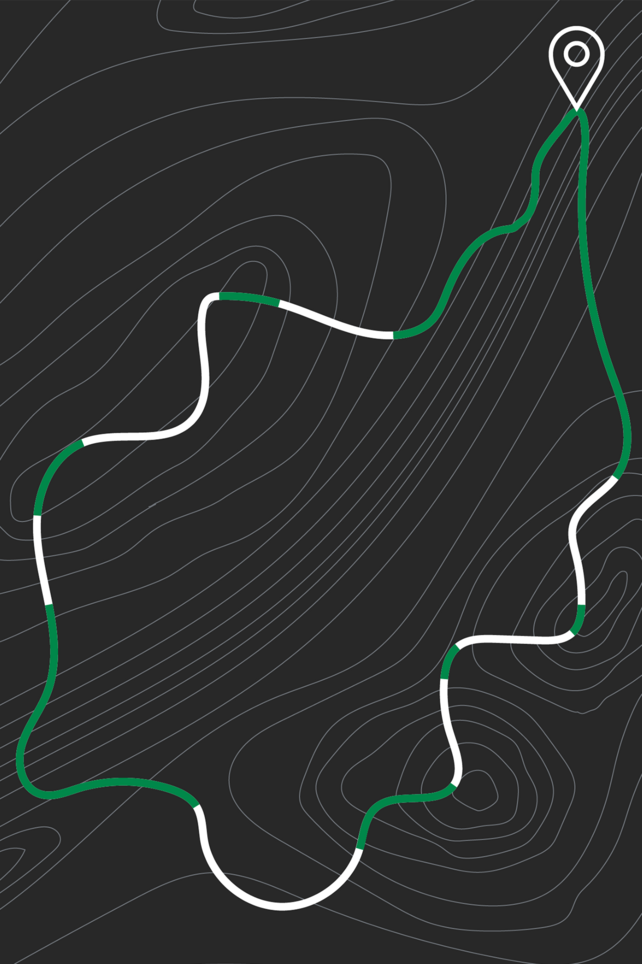 A dark map with contour lines, on which a trail is drawn in white and some places in green are top.