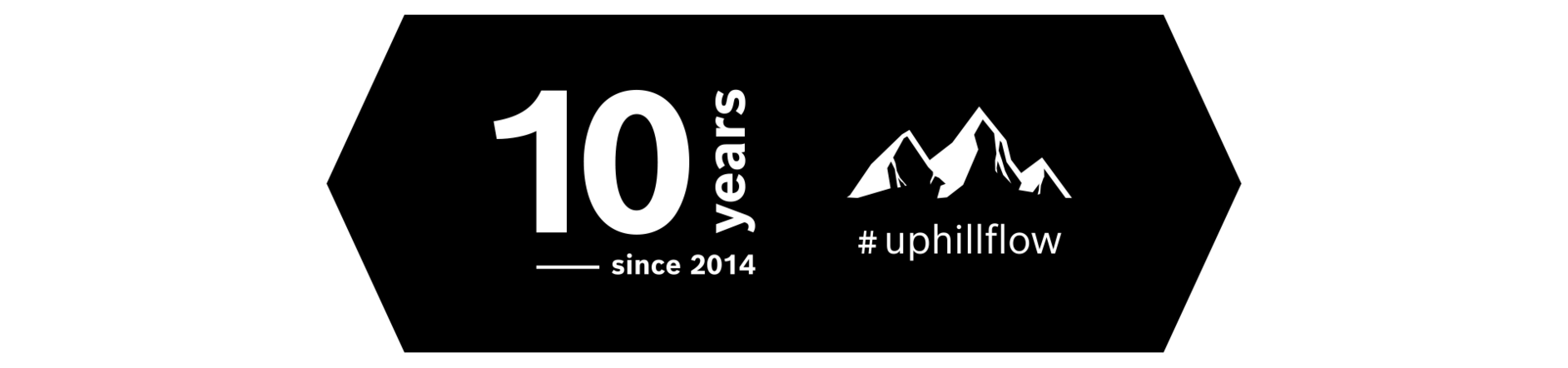 Black logo with a mountain icon and the hashtag '#uphillflow', accompanied by the text '10 years - since 2014', celebrating the anniversary of Uphill Flow.