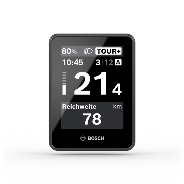 Nahaufnahme Bosch eBike Display Intuvia 200, welches Angaben zur Geschwindigkeit, Akkustand, Fahrmodus und Distanz anzeigt.