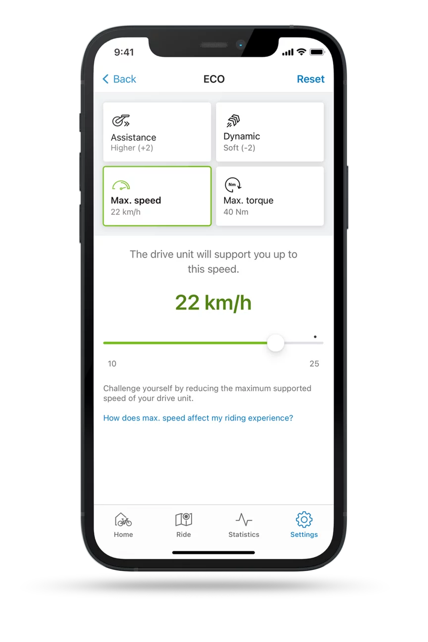 Clipped screenshot of the eBike Flow app with the setting open to limit the maximum speed in ECO mode