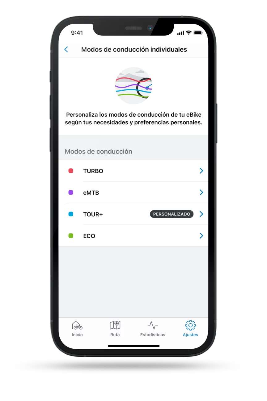 Recorte pantalla shot de la aplicación eBike Flow con la selección de modos abiertos.