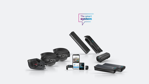 Some Bosch eBike products are displayed in a cropped manner. Above them is an icon with the text "The smart system".