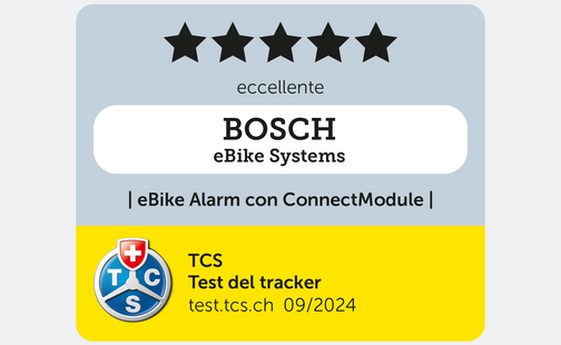 Risultato del test tracker TCS per eBike Alarm con ConnectModule: cinque stelle “Eccellente”, visualizzato su sfondo grigio.