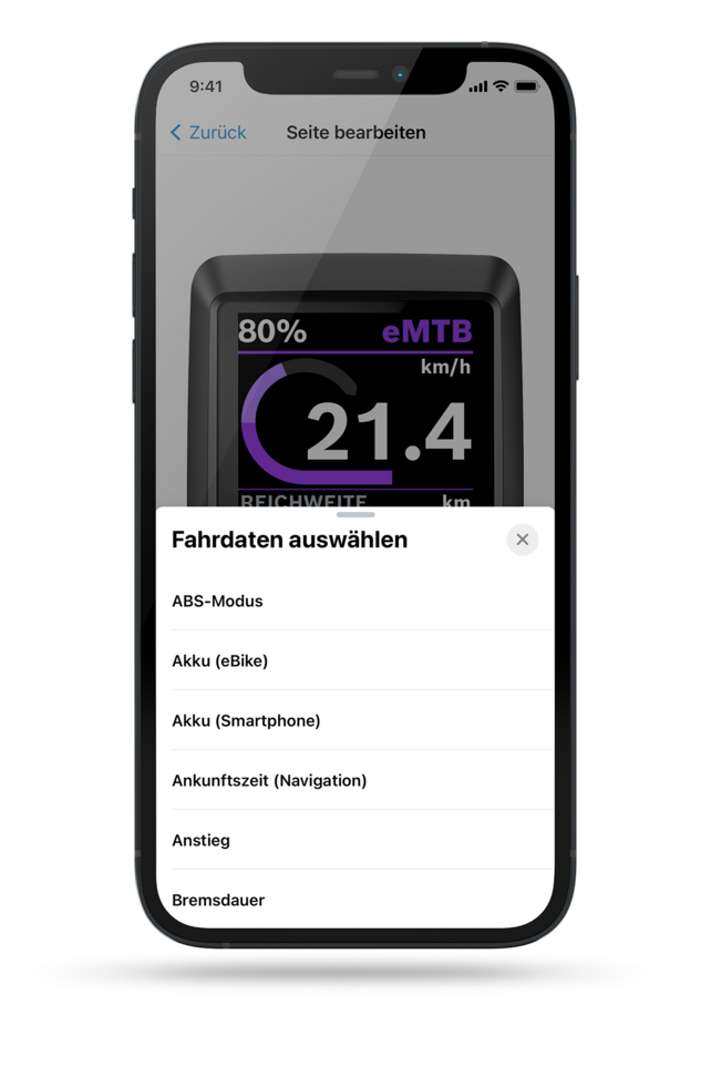 Screenshot eines Smartphone-Displays zeigt ein Kiox-Display im Hintergrund an, im Vordergrund ist ein Menü mit dem Text 'Fahrdaten auswählen' geöffnet. Darunter befinden sich Auswahlmöglichkeiten: ABS-Modus, Akku (eBike), Akku (Smartphone), Ankunftszeit (Navigation), Anstieg, Bremsdauer.