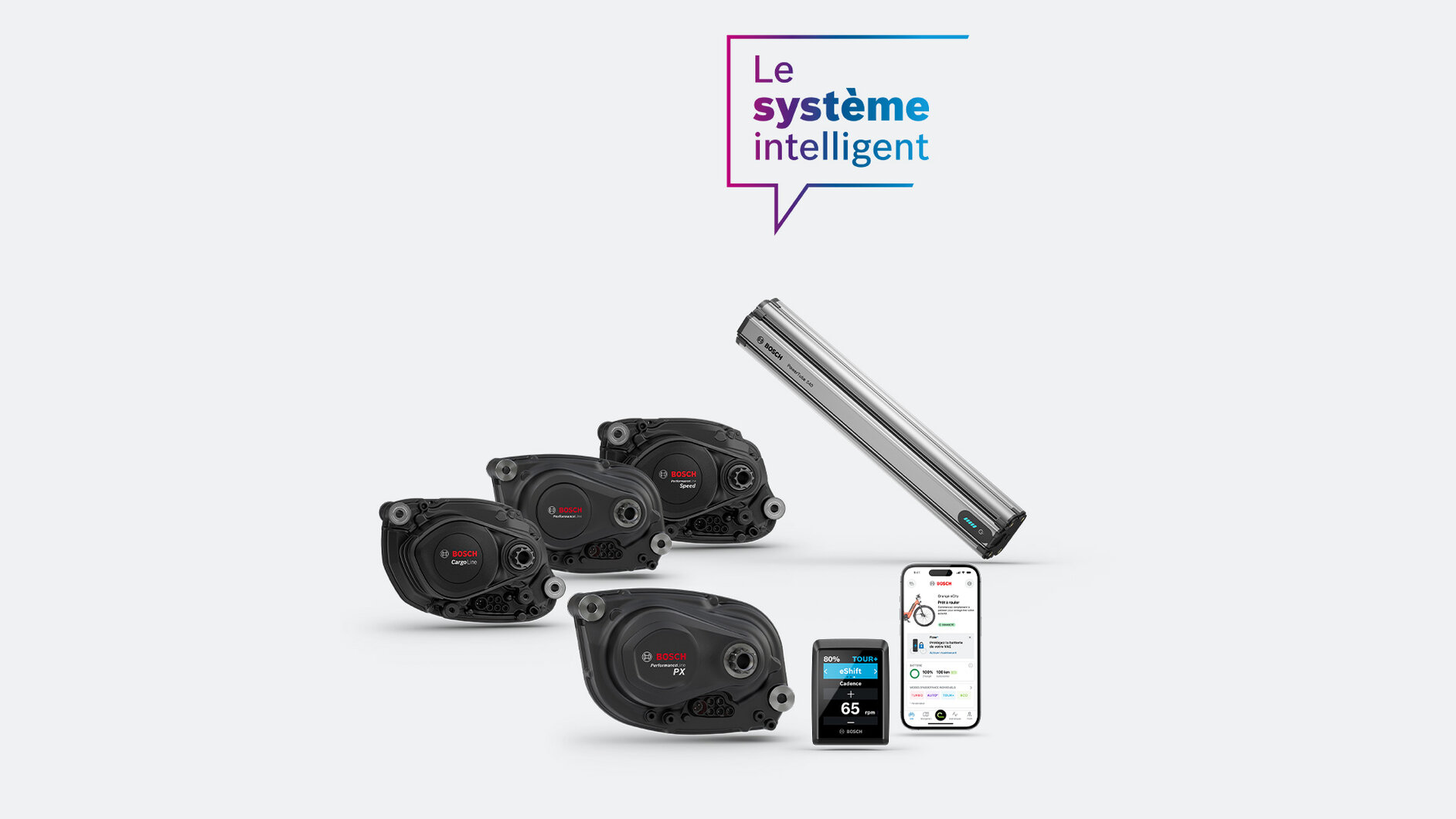 Les unités d’entraînement Cargo Line, Performance Line, Performance Line PX et Performance Line Speed, un Kiox, un smartphone affichant l’application eBike Flow ouverte, ainsi que la PowerTube 540 présentée isolément. Une bulle bleue et violette avec l’inscription « Le système intelligent » sur fond blanc complète la scène.