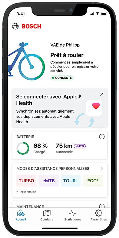 Capture d'[écran] de l'[écran] du smartphone montrant la page d'accueil de l'application eBike Flow.