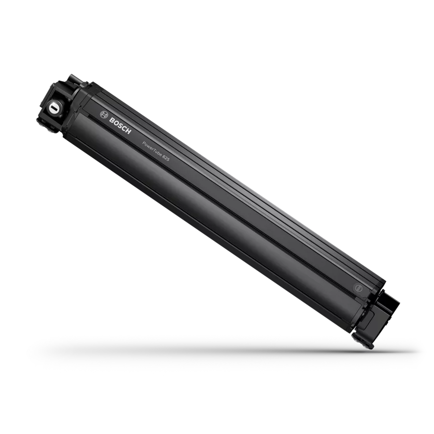 eBike PowerTube 625 battery isolated on a white background.