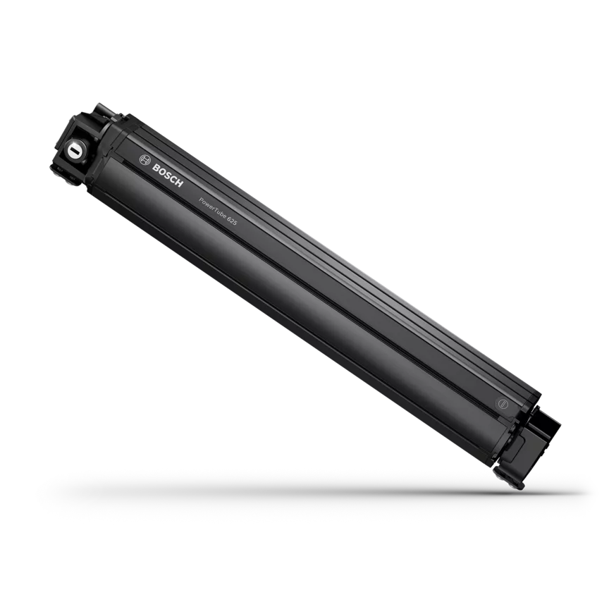 Batteria eBike PowerTube 625 in primo piano su sfondo bianco.
