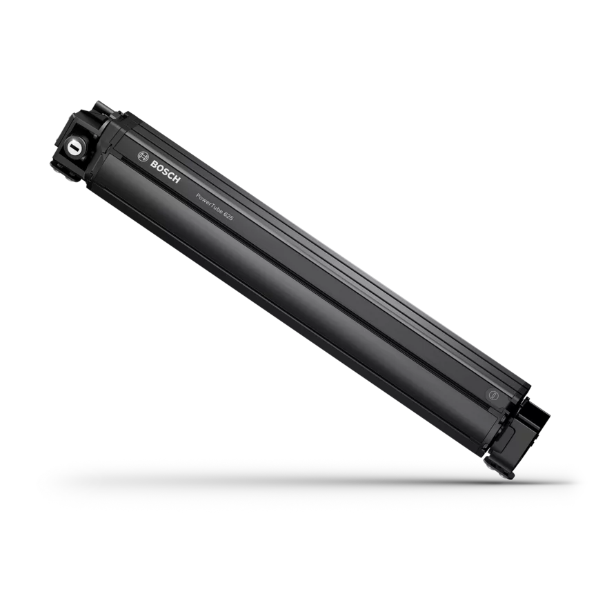PowerTube 625 eBike accu geïsoleerd op een witte achtergrond.