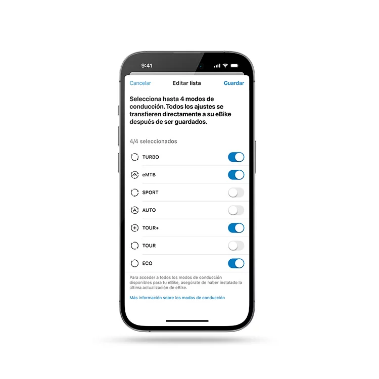 Smartphone recortado con la aplicación eBike Flow abierta, mostrando la selección de modo.