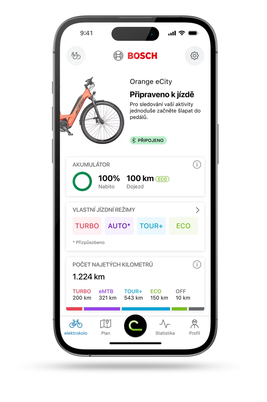 Domovská obrazovka aplikace eBike Flow pro IOS zobrazená na chytrém telefonu.