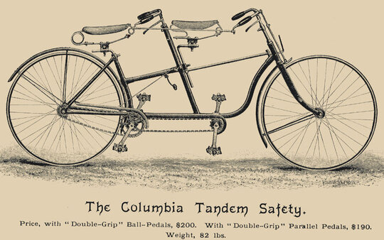 Disegno di un vecchio tandem con la didascalia "The Columbia Tandem Safety. Prezzi, con pedali a sfera 'ouble-Grip', $200. Con pedali paralleli 'Double-Grip', $190. Peso, 82 libbre.