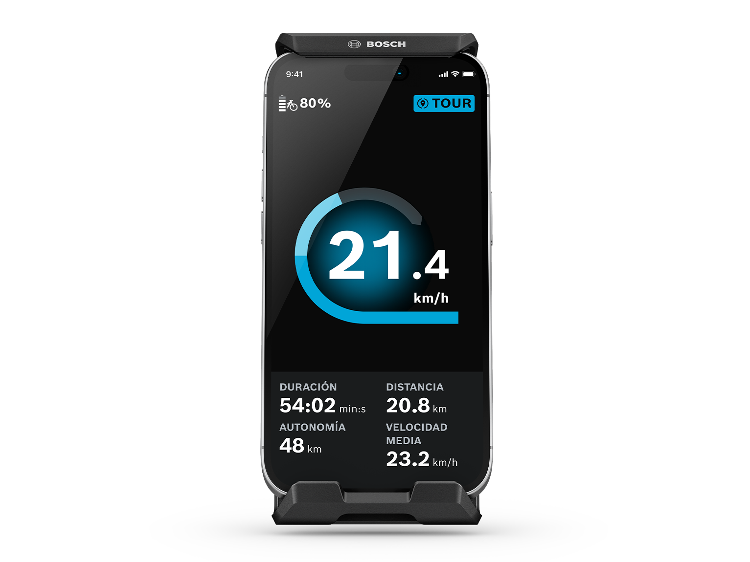Un smartphone con recorte que funciona como ordenador de a bordo y está colocado en la SmartphoneGrip Vertical. Muestra la pantalla de la atracción.