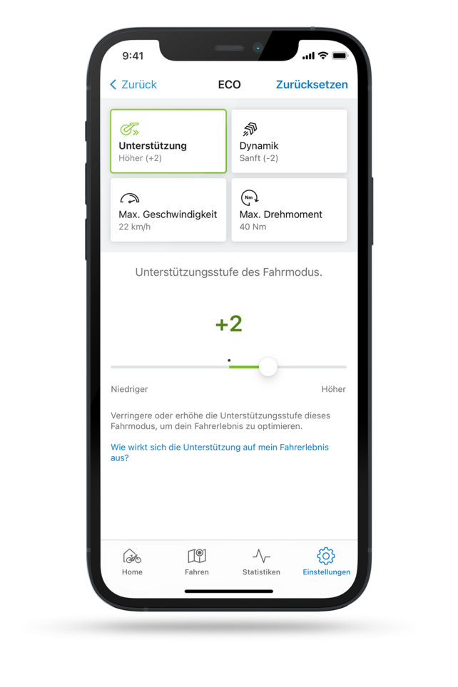 Freigestellter Screenshot der eBike Flow App mit geöffneter Einstellung für die Unterstützungsfunktion im ECO-Modus.