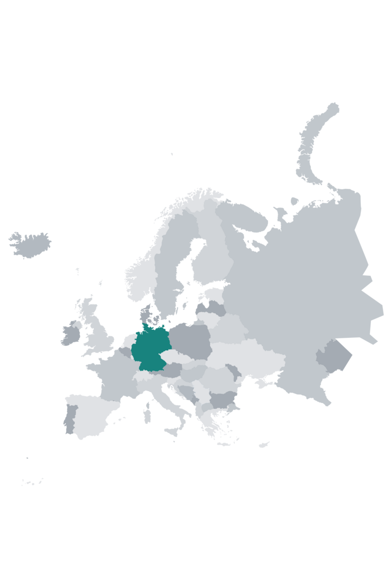 Carte de l’Europe. Elle montre l’Allemagne en vert, tandis que tous les autres pays sont représentés dans les tons de gris.