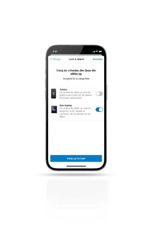 På en smartphone kan man se en betjeningspanel med funktionerne "Lock & Alarm" fra Bosch eBike. Der er mulighed for at vælge enten smartphonen eller Kiox-displayet for at låse eBike op.
