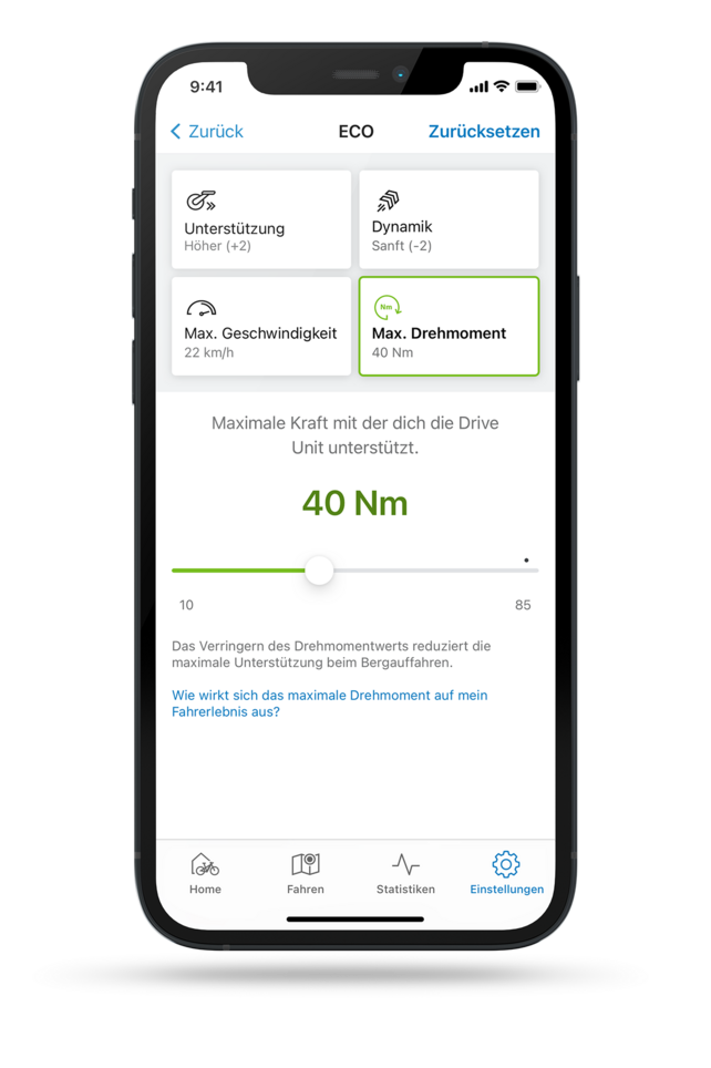 Freigestellter Screenshot der eBike Flow App mit geöffneter Einstellung zur Begrenzung des maximalen Drehmoments im ECO-Modus