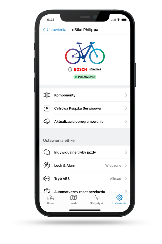 Smartfon na białym tle, prezentujący opcje ustawień w aplikacji FlowApp.