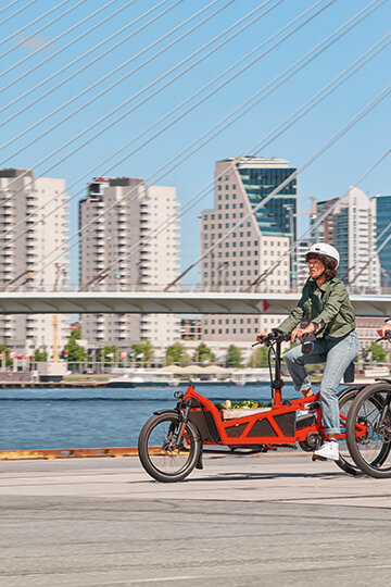 Three eBike riders, one of them on a Cargo eBike, ride along a river with skyscrapers in the background.