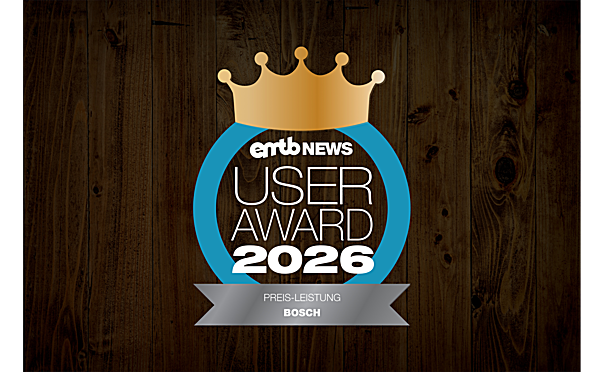 The seal of the 'emtb NEWS User Award 2026', awarded to Bosch in the "Value for Money" category.
