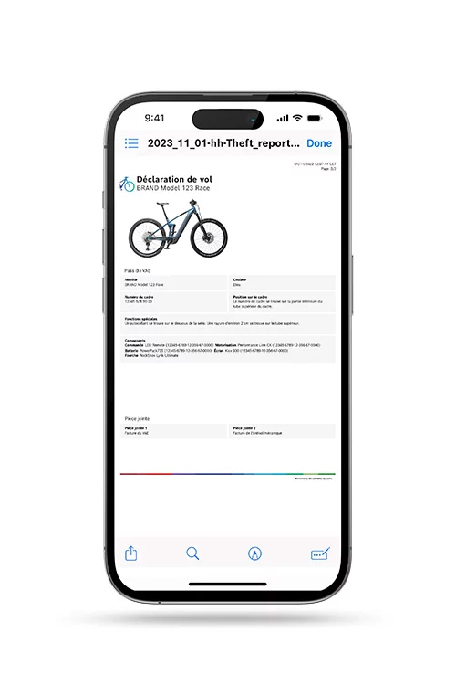 A sur un smartphone exempté, un Diebstahlbericht peut être vu dans l'application eBike Flow.