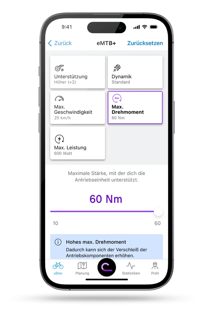 Screenshot des Smartphone-Displays, der die Leistungsoptionen und -einstellungen zeigt.