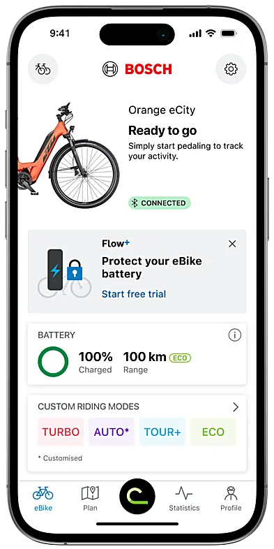 Screenshot of the eBike Flow app: Start screen featuring a note about the "Protect your eBike battery" function and the option for a free trial.