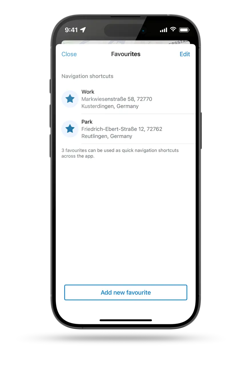 Screenshot of a smartphone display showing the eBike Flow app's navigation shortcuts, including two favorites, "Work" and "Park," as well as the option to add a new favorite.