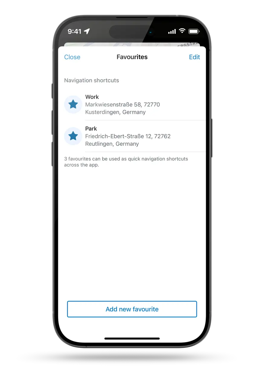 Screenshot of a smartphone display showing the eBike Flow app's navigation shortcuts, including two favorites, "Work" and "Park," as well as the option to add a new favorite.