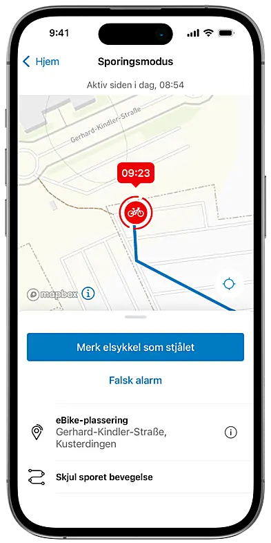 Visning av elsykkelpass i eBike Flow-app på en beskjært smarttelefon, vist ved siden av en elsykkel og relevant informasjon.
