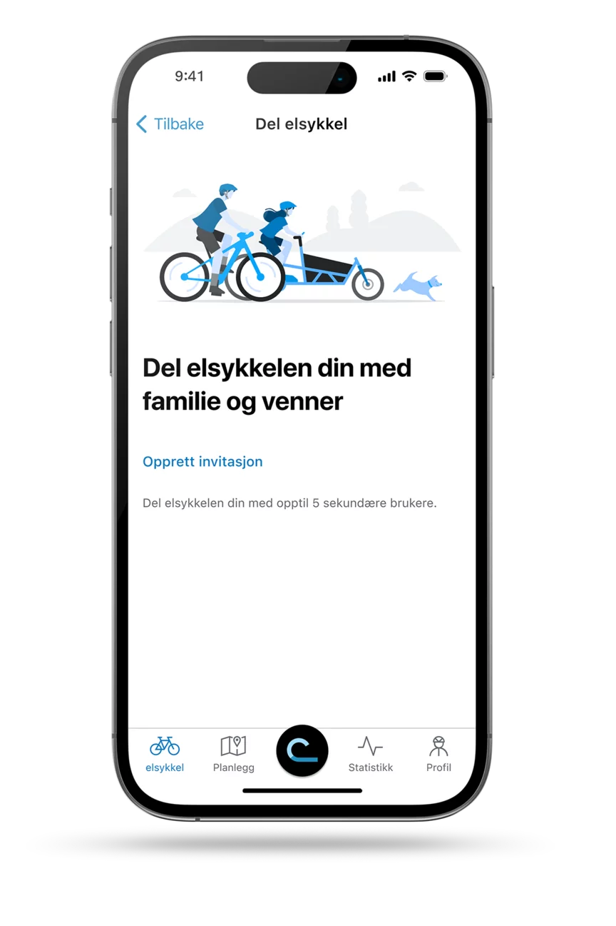 eBike Flow-app: skjermbilde av "Del elsykkel"-funksjonen.