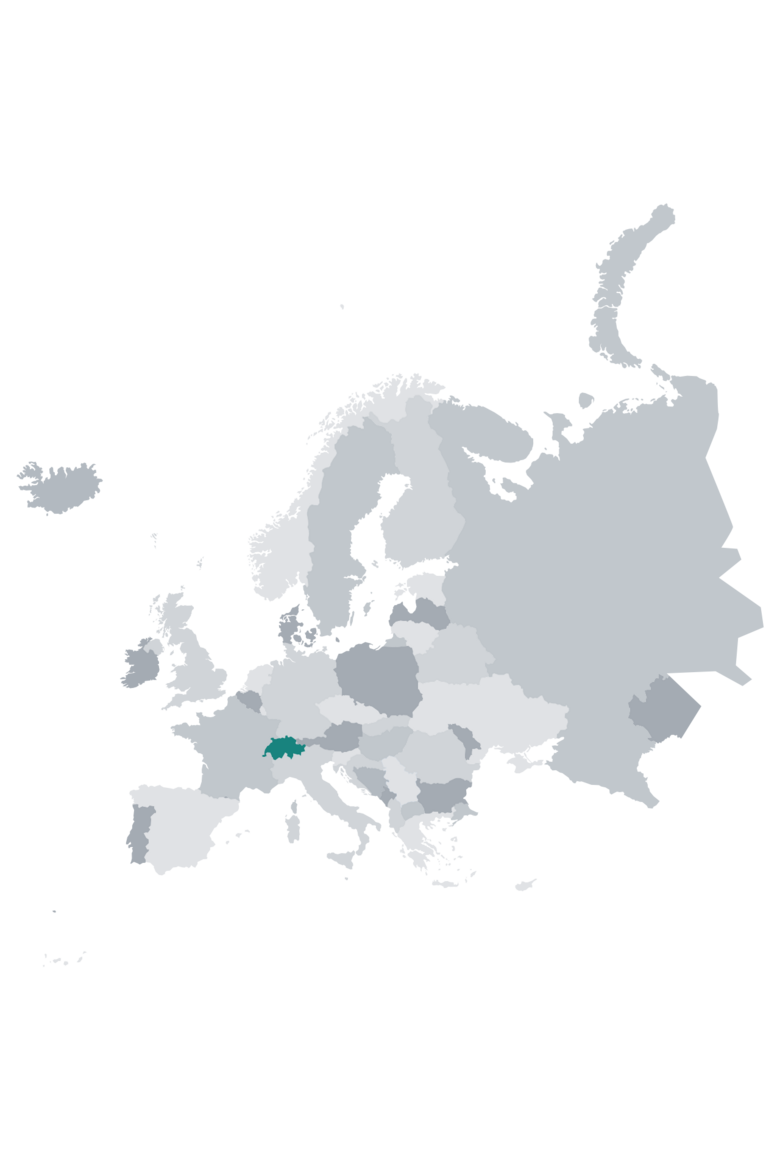 Carte de l’Europe. Elle montre la Suisse en vert, tandis que tous les autres pays sont représentés dans des nuances de gris.