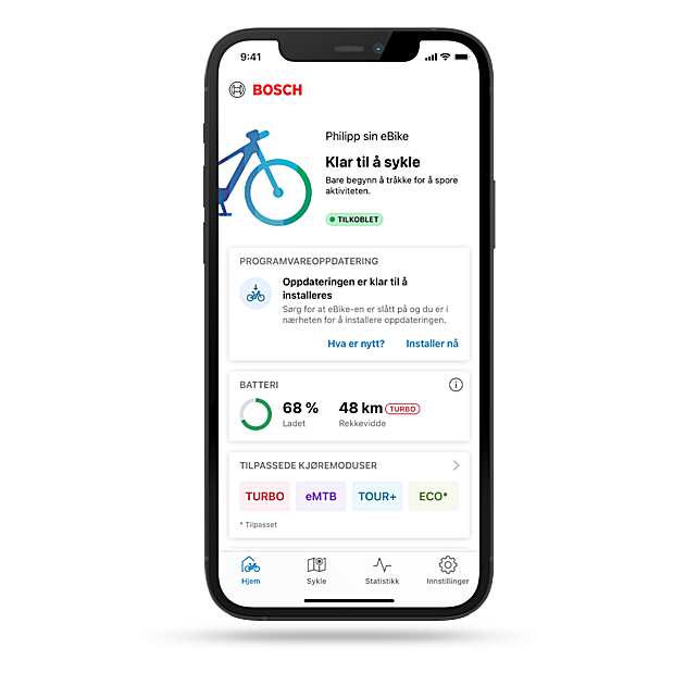 Startsiden til eBike Flow-appen viser informasjon om elsykkelen, batterinivået, kjøremodusene og kommende vedlikehold.
