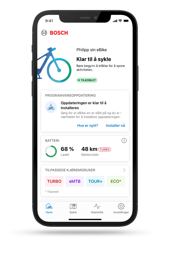 Startsiden til eBike Flow-appen viser informasjon om elsykkelen, batterinivået, kjøremodusene og kommende vedlikehold.