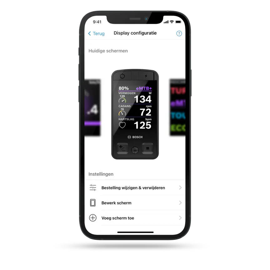 Screenshot van een smartphonedisplay met de navigatie in de eBike Flow-app, inclusief kaart, routeoverzicht en routebegeleidingsinstellingen.